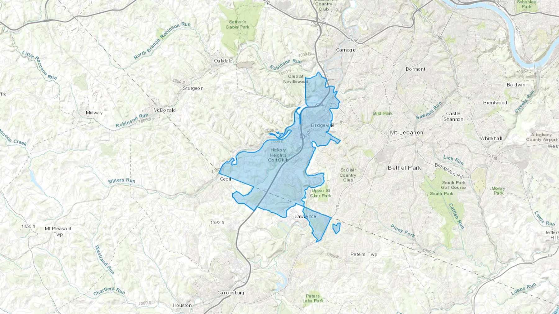 Bridgeville, PA Cash heating Oil delivery map Map of the COD Fuel Oil delivery service area for Bridgeville, PA