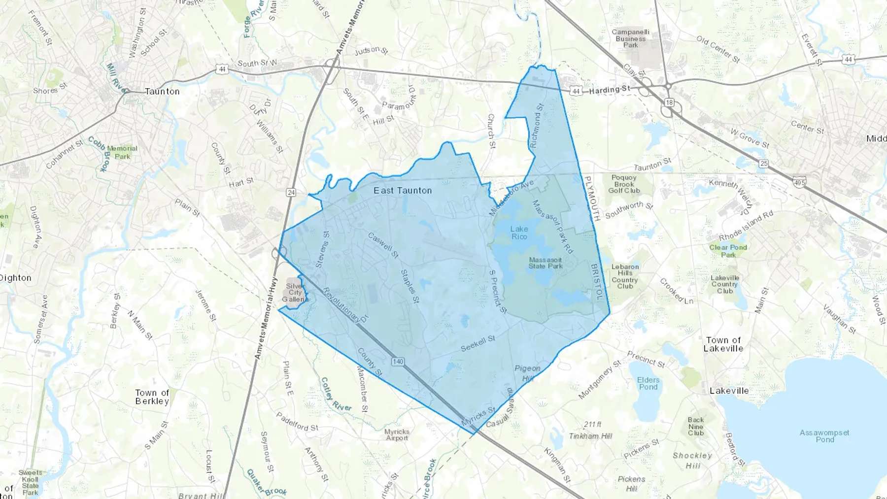 East Taunton, MA Cash heating Oil delivery map Map of the COD Fuel Oil delivery service area for East Taunton, MA