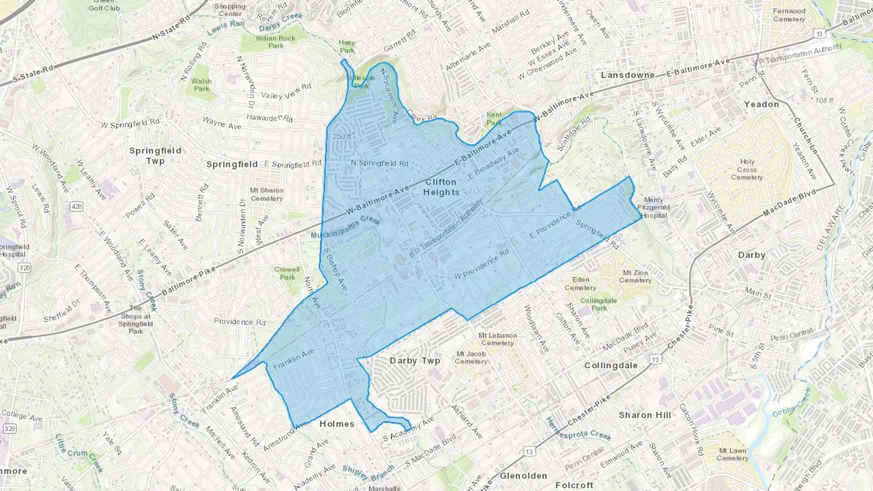Clifton Heights, PA Cash heating Oil delivery map Map of the COD Fuel Oil delivery service area for Clifton Heights, PA
