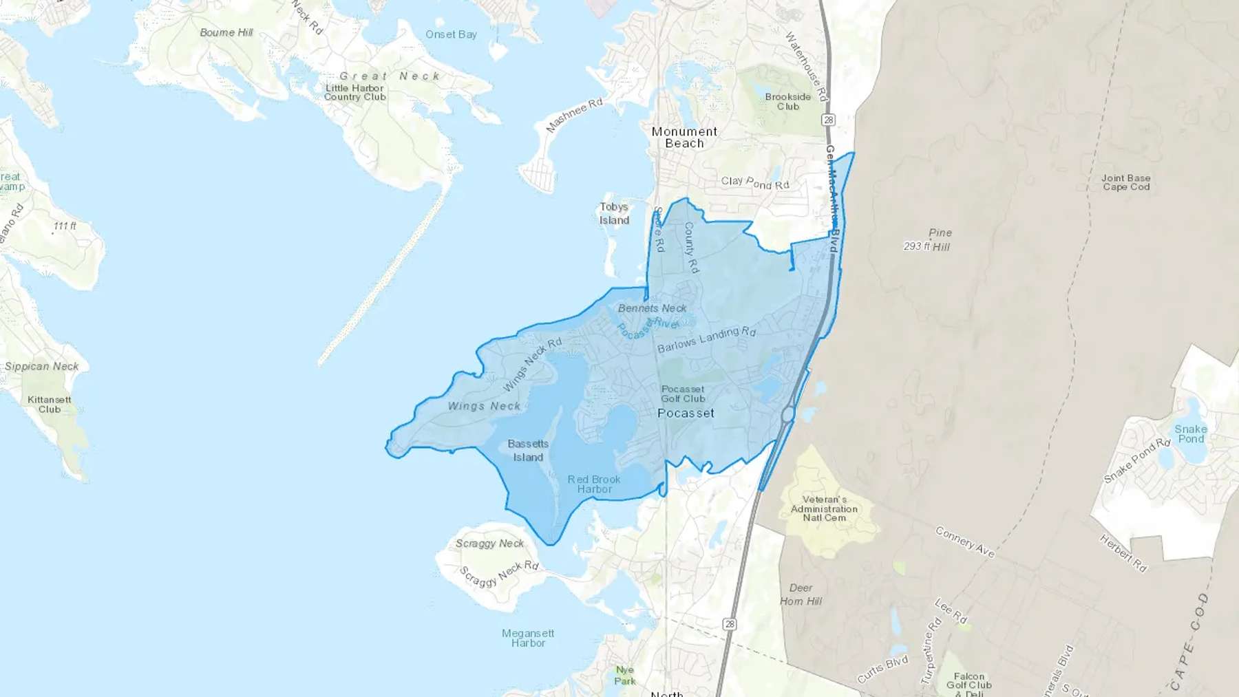 Pocasset, MA Cash heating Oil delivery map Map of the COD Fuel Oil delivery service area for Pocasset, MA