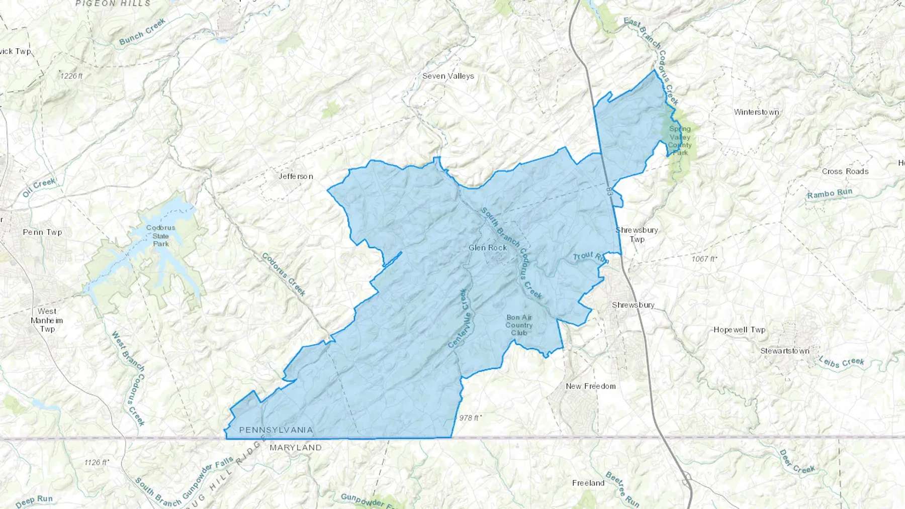 Glen Rock, PA Cash heating Oil delivery map Map of the COD Fuel Oil delivery service area for Glen Rock, PA
