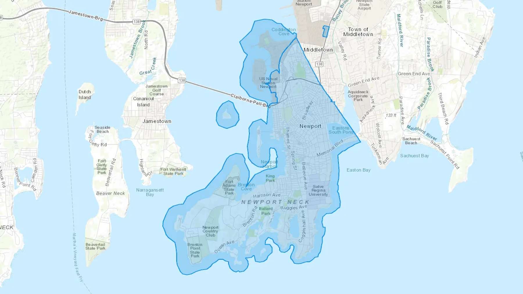 Newport, RI Cash heating Oil delivery map Map of the COD Fuel Oil delivery service area for Newport, RI