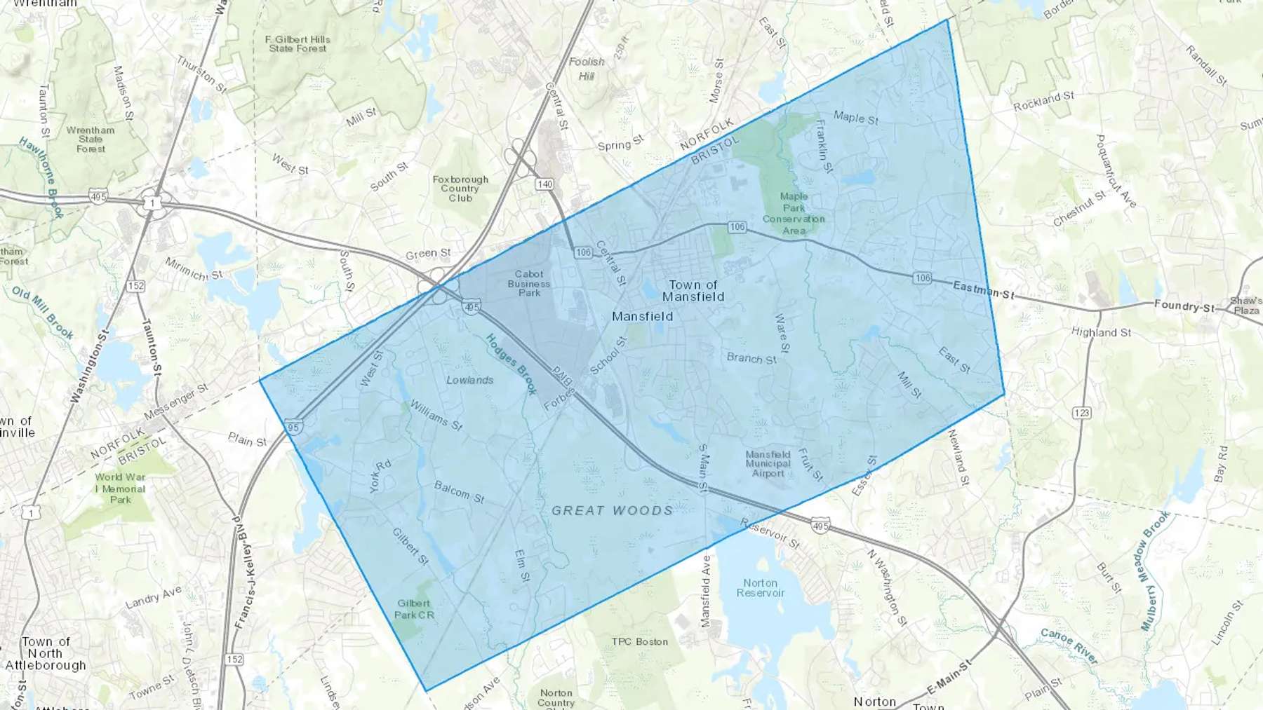 Mansfield, MA Cash heating Oil delivery map Map of the COD Fuel Oil delivery service area for Mansfield, MA