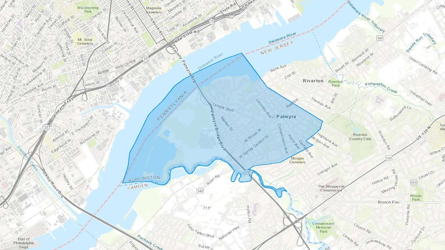 Palmyra, NJ Cash heating Oil delivery map Map of the COD Fuel Oil delivery service area for Palmyra, NJ