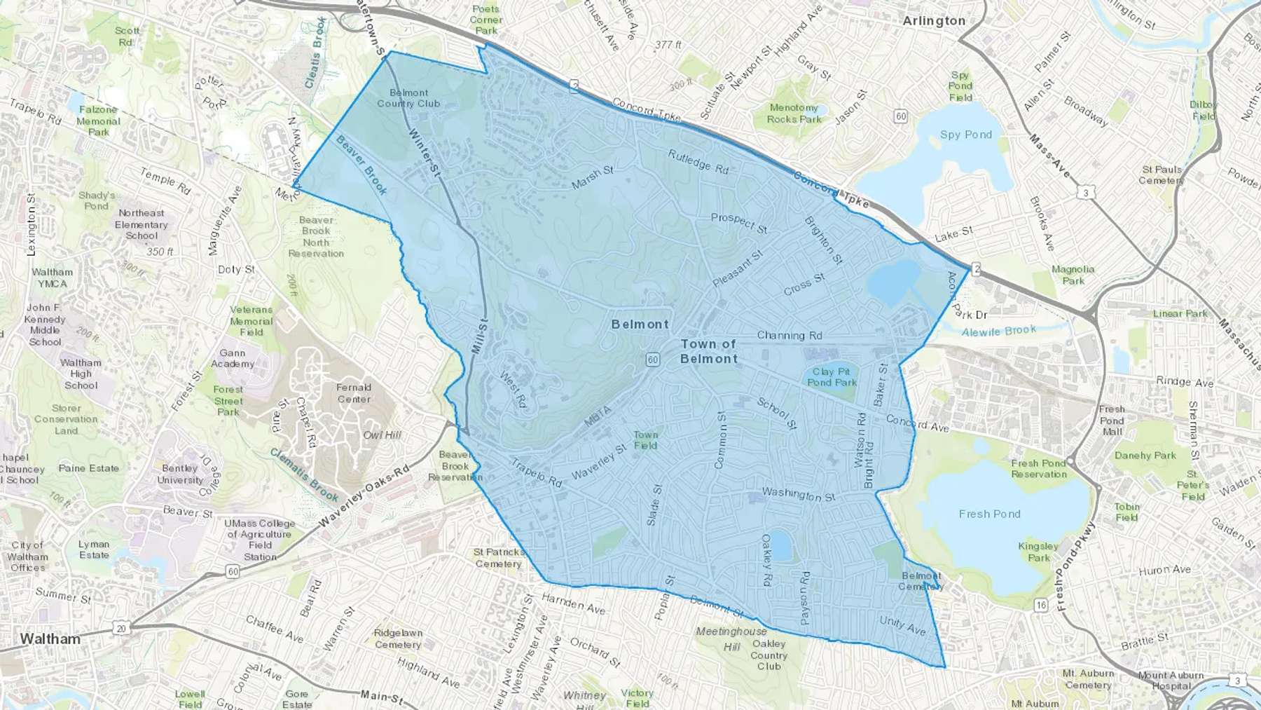 Waverley, MA Cash heating Oil delivery map Map of the COD Fuel Oil delivery service area for Waverley, MA