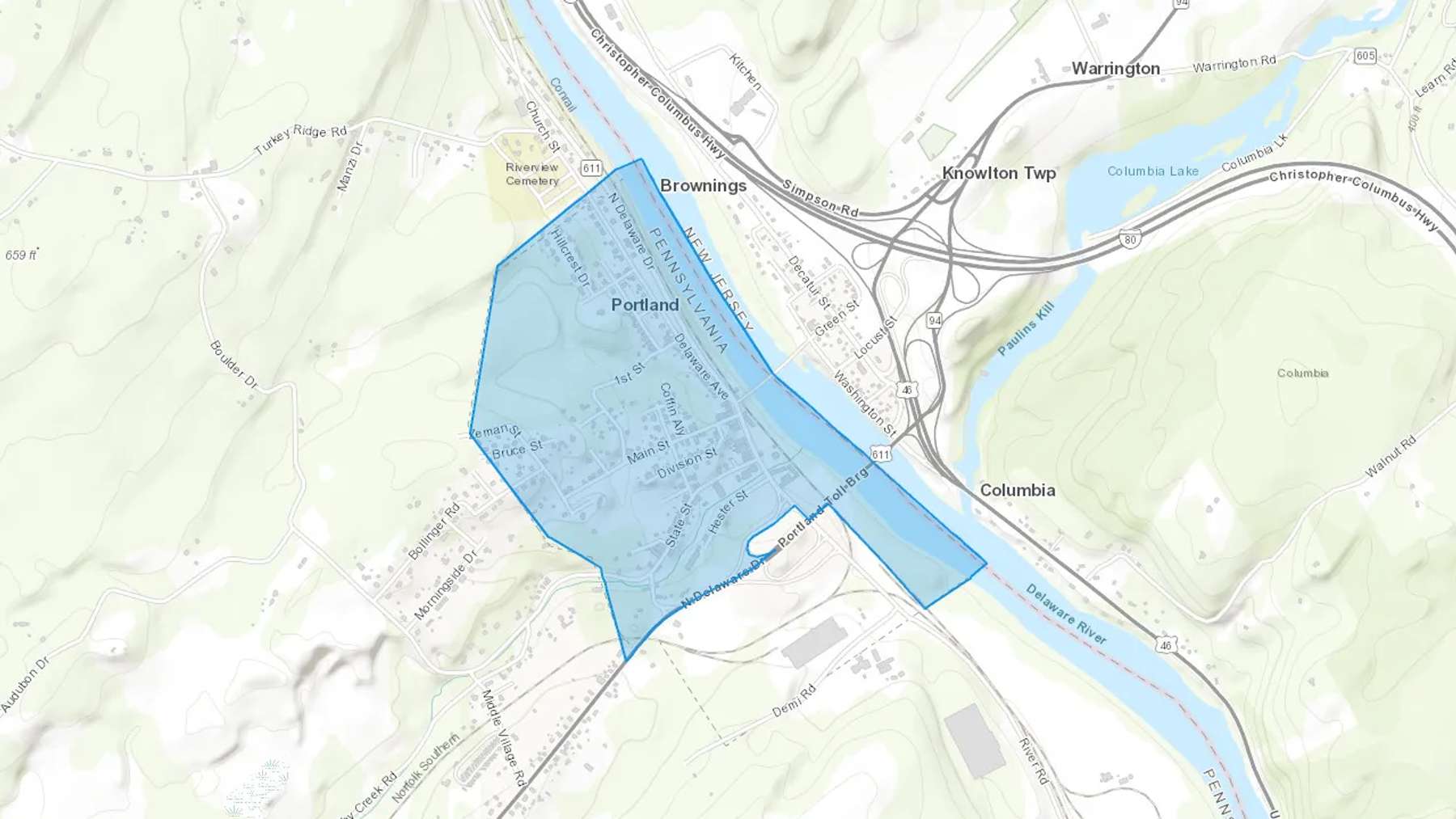 Portland, PA Cash heating Oil delivery map Map of the COD Fuel Oil delivery service area for Portland, PA