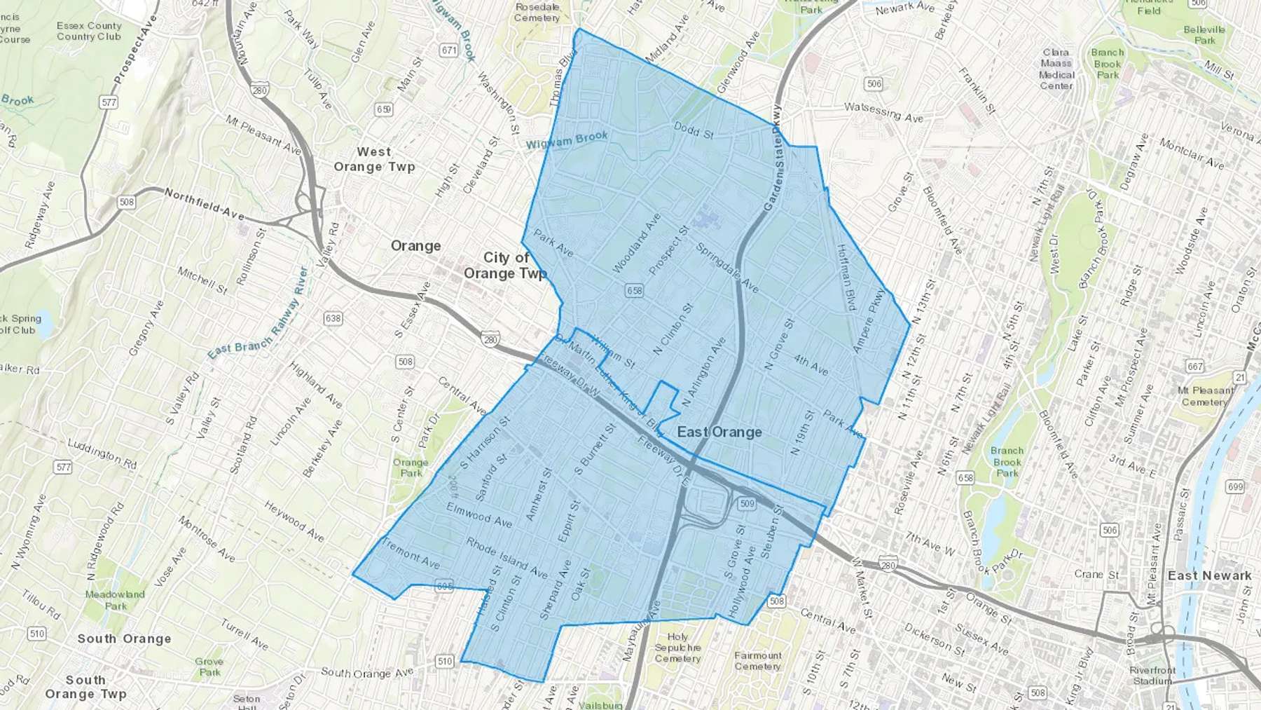 East Orange, NJ Cash heating Oil delivery map Map of the COD Fuel Oil delivery service area for East Orange, NJ