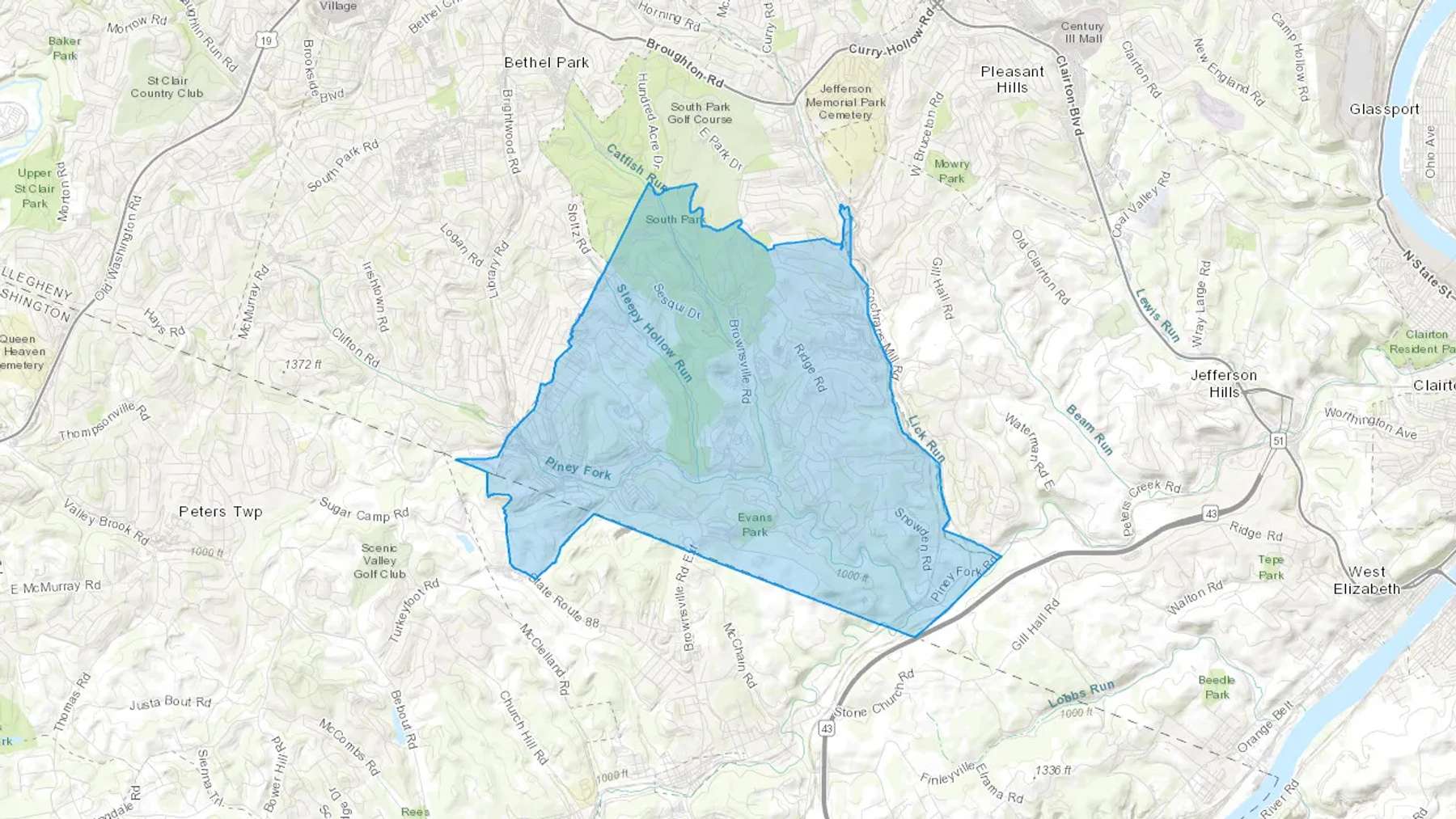 South Park, PA Cash heating Oil delivery map Map of the COD Fuel Oil delivery service area for South Park, PA
