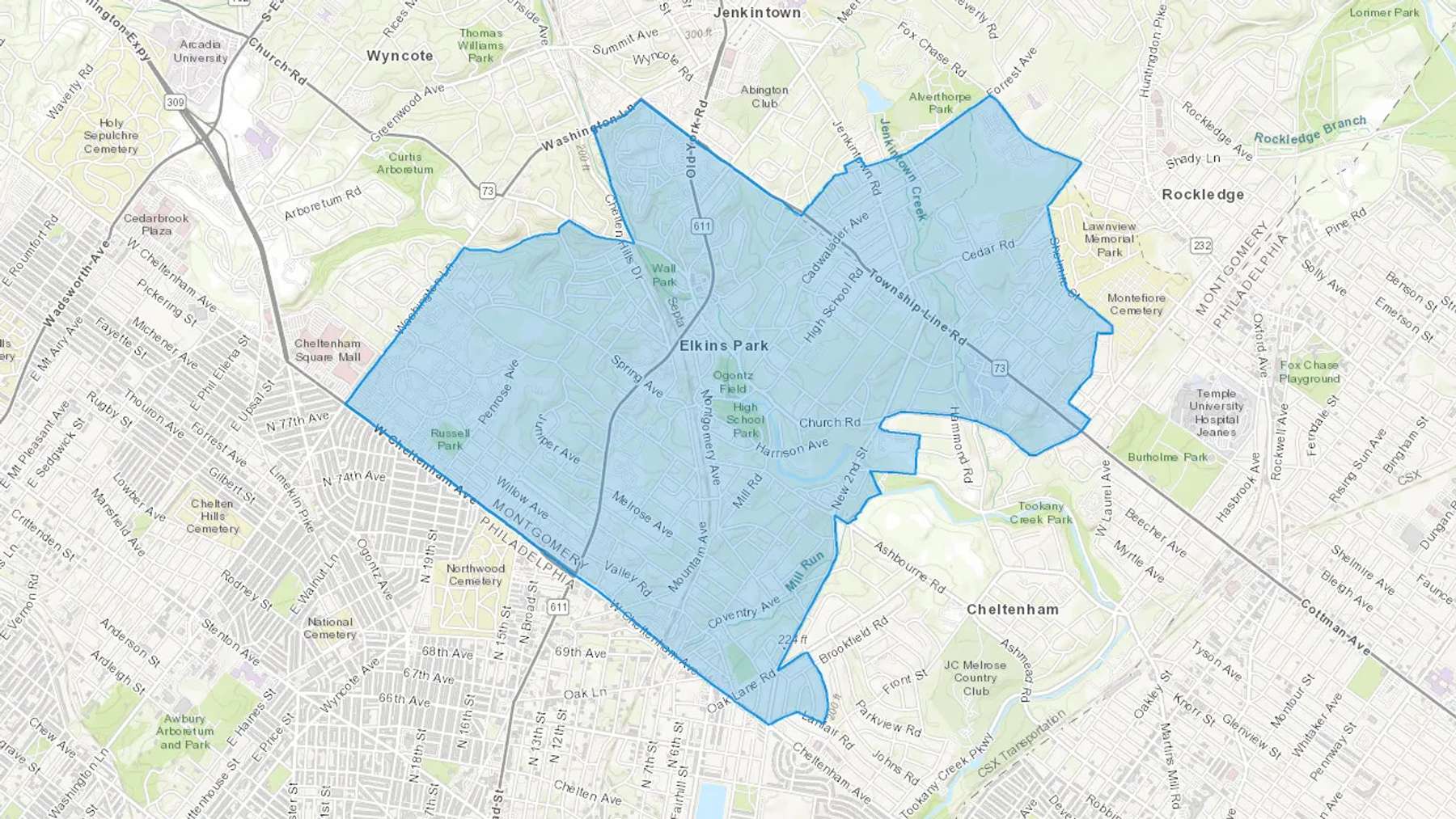 Elkins Park, PA Cash heating Oil delivery map Map of the COD Fuel Oil delivery service area for Elkins Park, PA