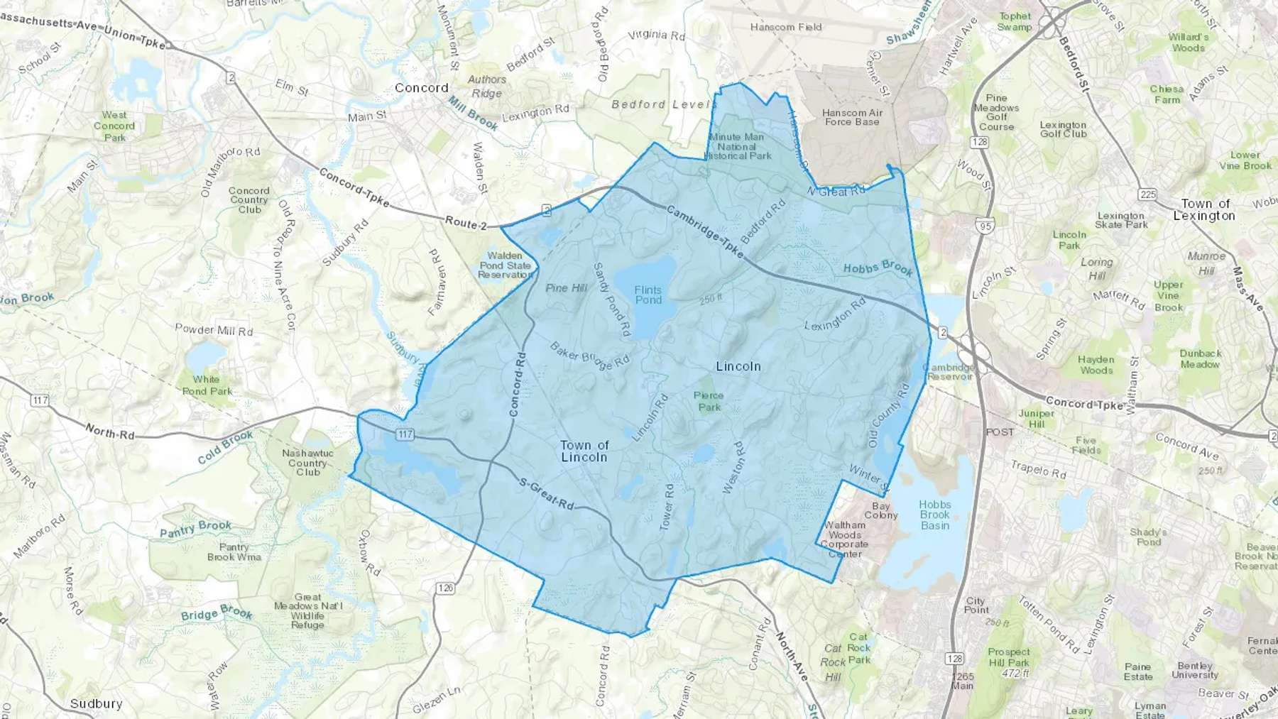 Lincoln, MA Cash heating Oil delivery map Map of the COD Fuel Oil delivery service area for Lincoln, MA