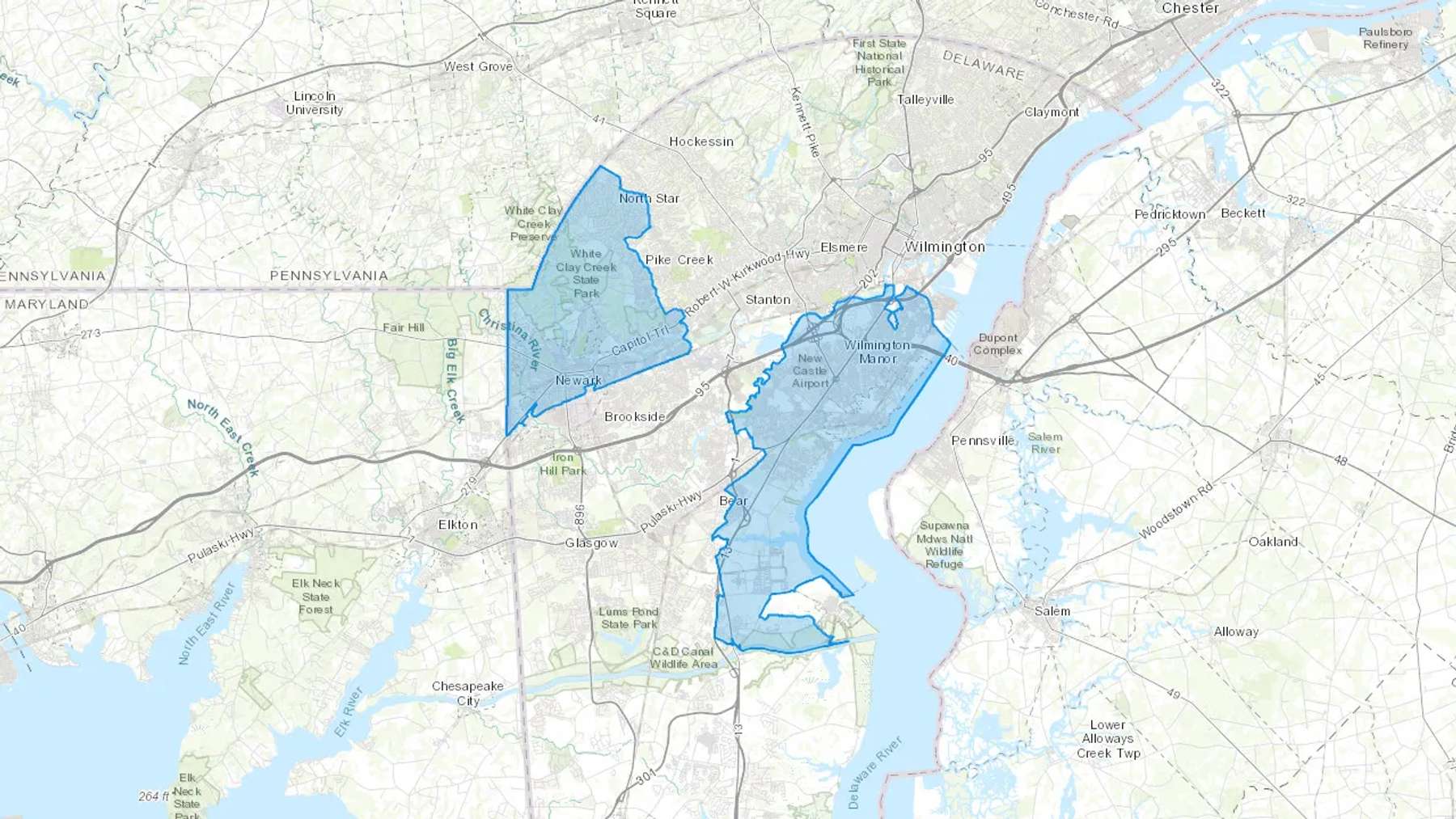 New Castle, DE Cash heating Oil delivery map Map of the COD Fuel Oil delivery service area for New Castle, DE