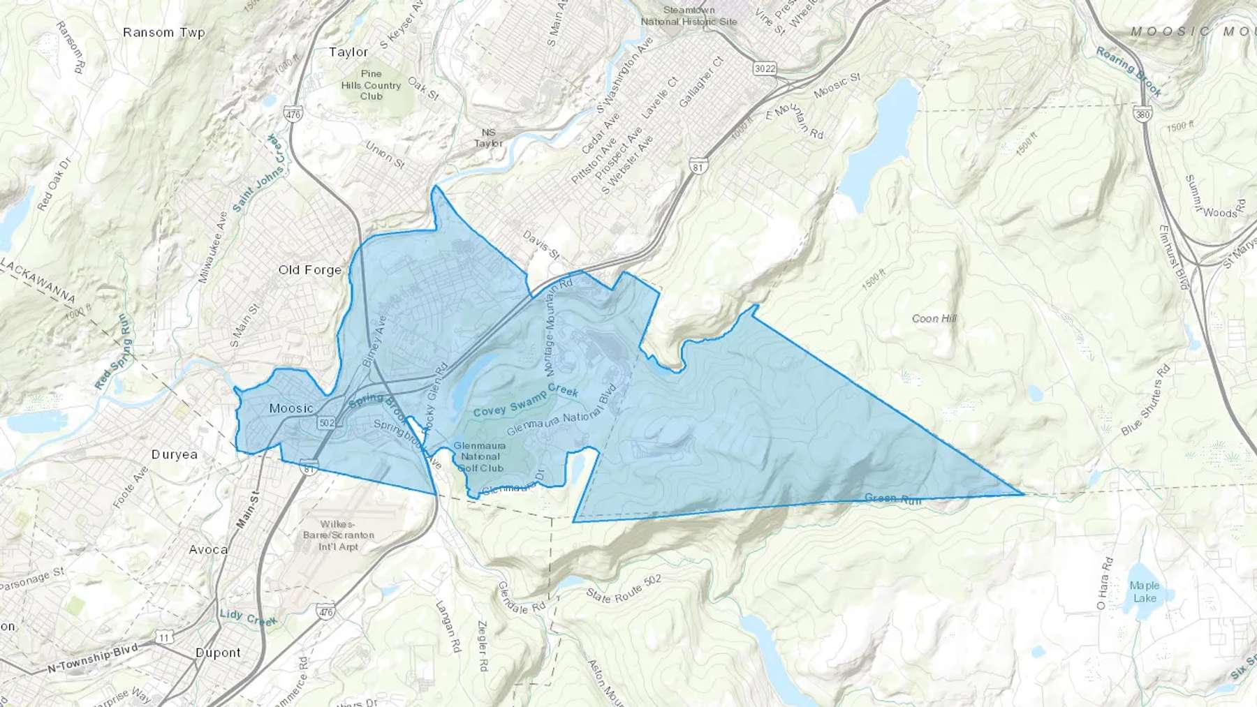 Moosic, PA Cash heating Oil delivery map Map of the COD Fuel Oil delivery service area for Moosic, PA