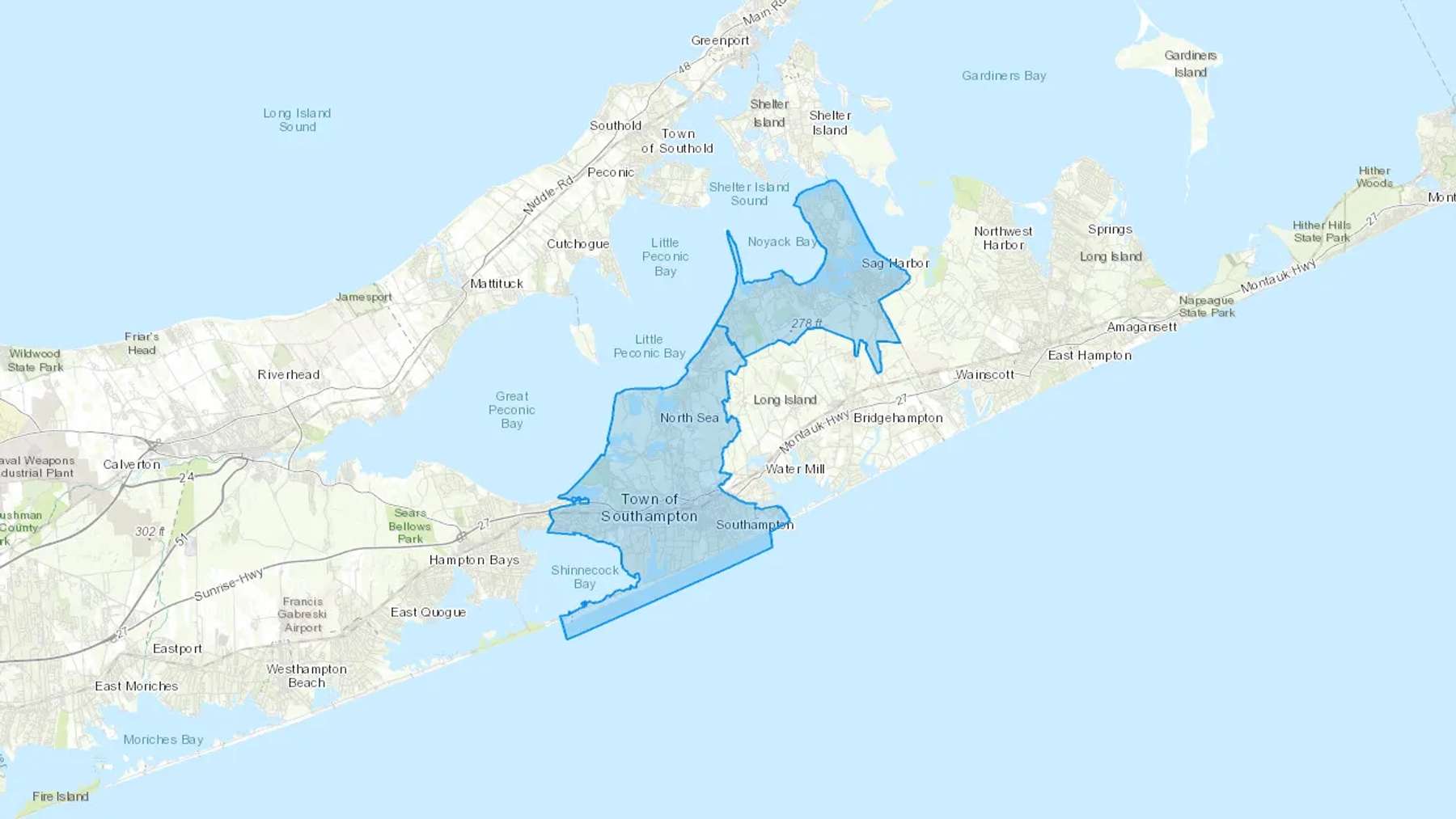 Southampton, NY Cash heating Oil delivery map Map of the COD Fuel Oil delivery service area for Southampton, NY