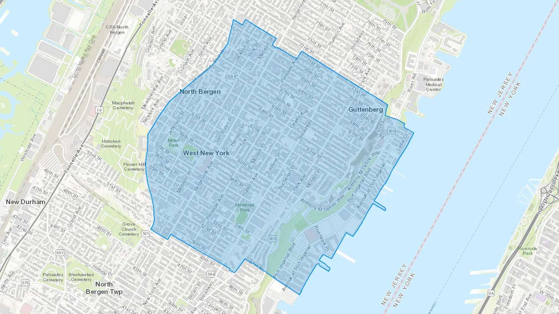 West New York, New Jersey Cash heating Oil delivery map Map of the COD Fuel Oil delivery service area for West New York, NJ