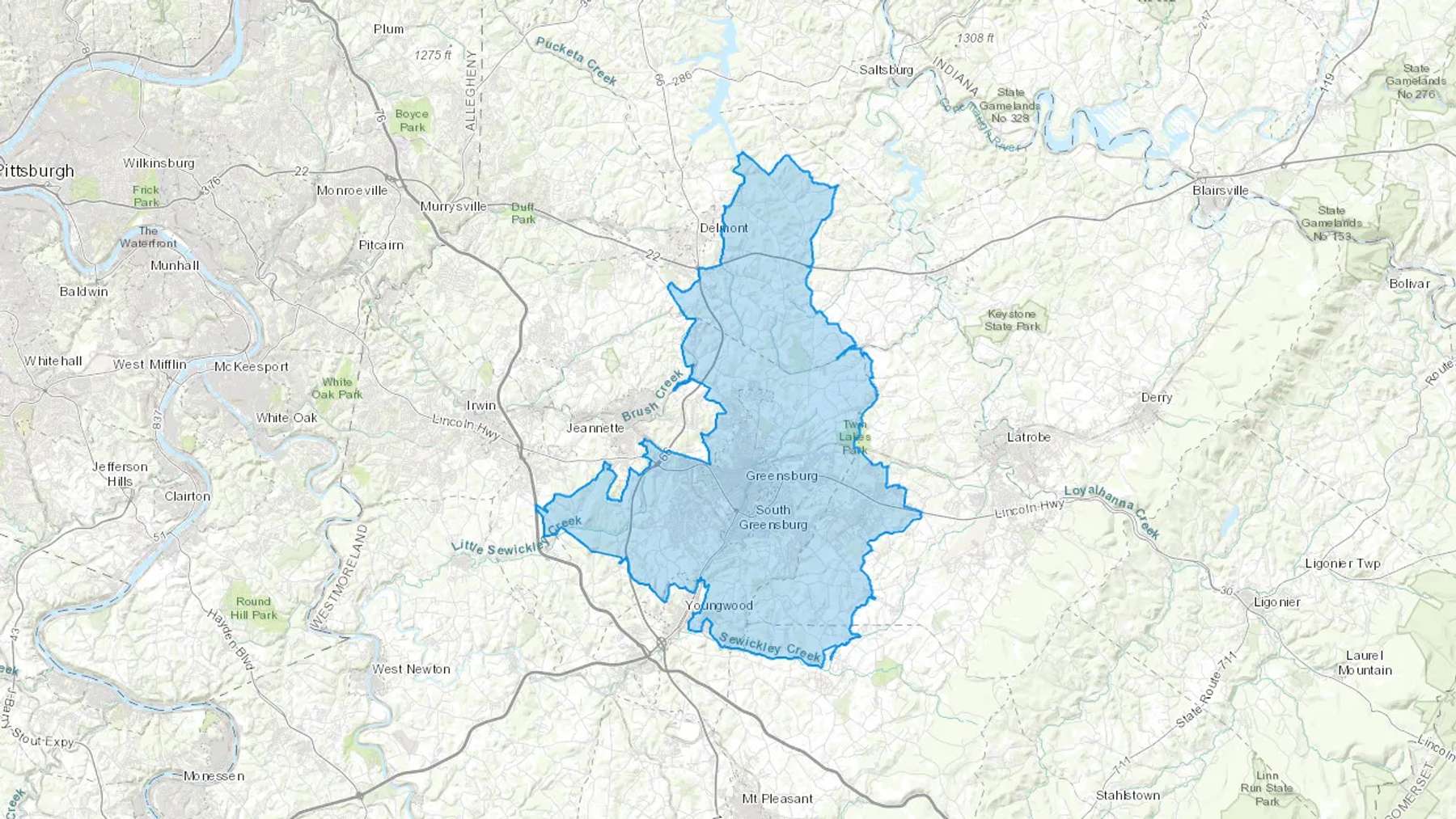 Greensburg, PA Cash heating Oil delivery map Map of the COD Fuel Oil delivery service area for Greensburg, PA