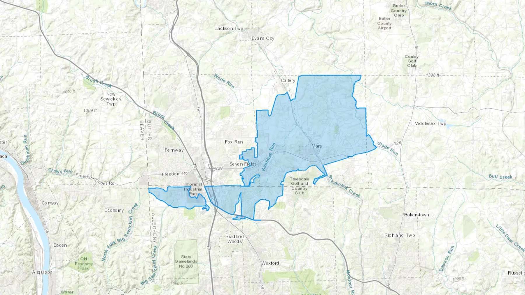 Mars, PA Cash heating Oil delivery map Map of the COD Fuel Oil delivery service area for Mars, PA