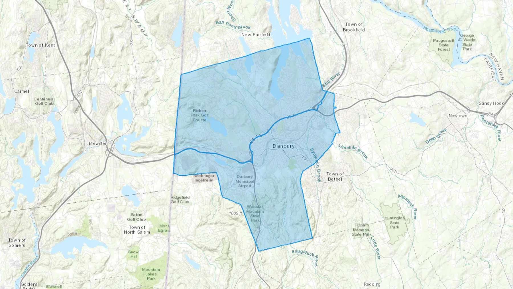 Danbury, CT Cash heating Oil delivery map Map of the COD Fuel Oil delivery service area for Danbury, CT