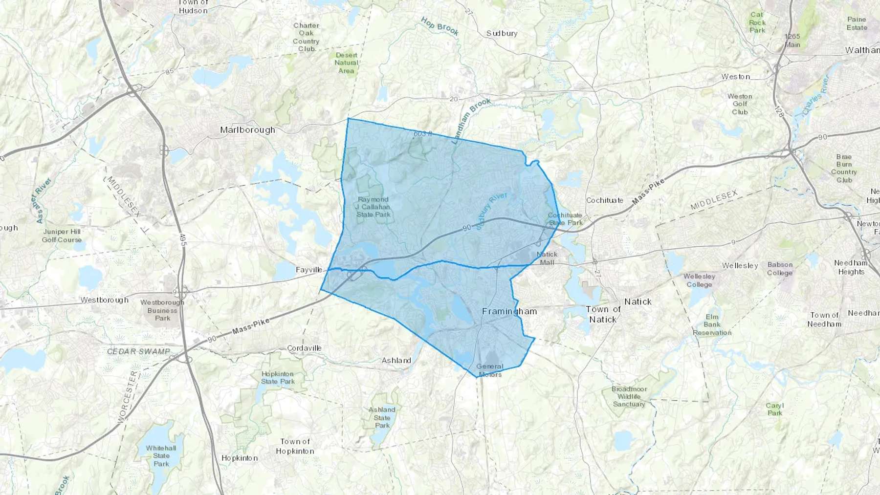 Framingham, MA Cash heating Oil delivery map Map of the COD Fuel Oil delivery service area for Framingham, MA