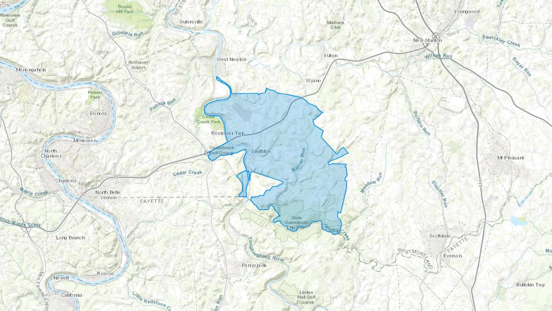 Smithton, PA Cash heating Oil delivery map Map of the COD Fuel Oil delivery service area for Smithton, PA