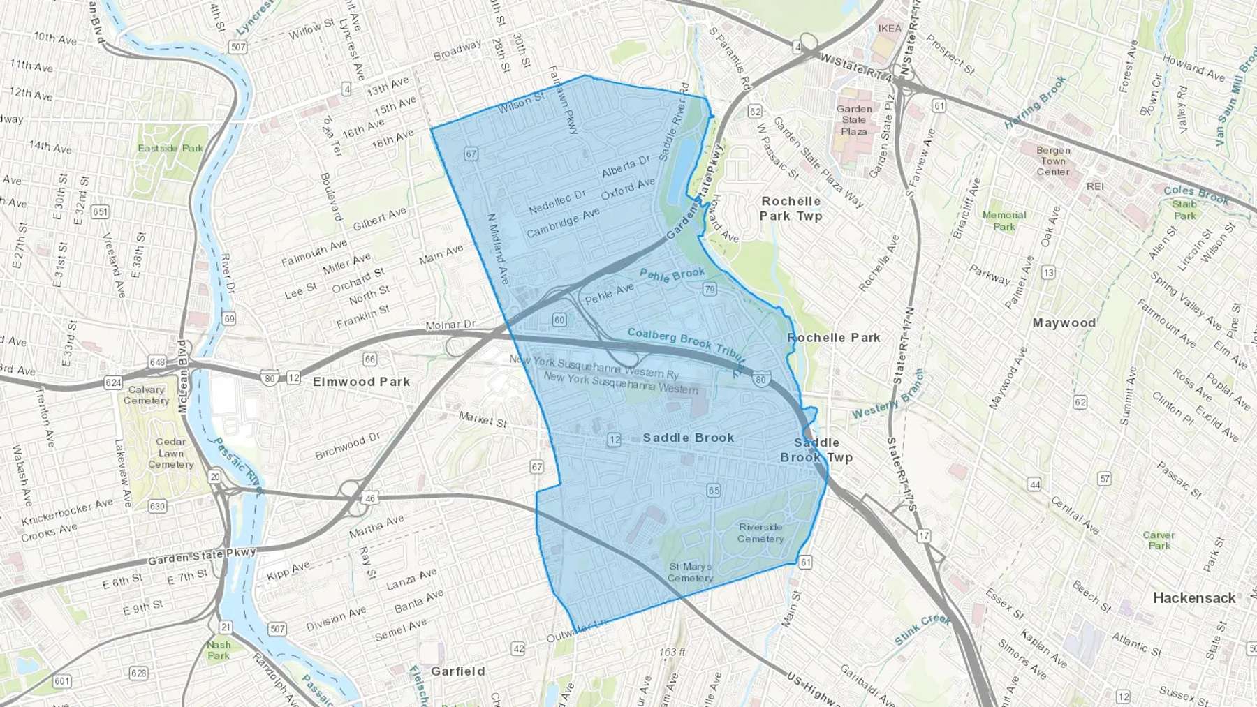 Saddle Brook, NJ Cash heating Oil delivery map Map of the COD Fuel Oil delivery service area for Saddle Brook, NJ