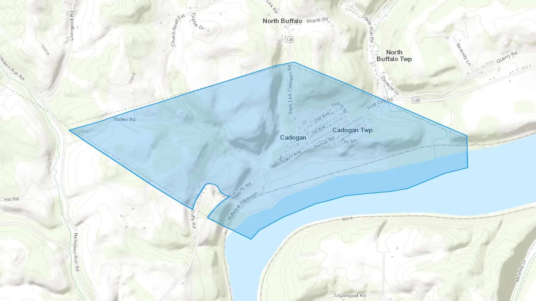 Cadogan, PA Cash heating Oil delivery map Map of the COD Fuel Oil delivery service area for Cadogan, PA