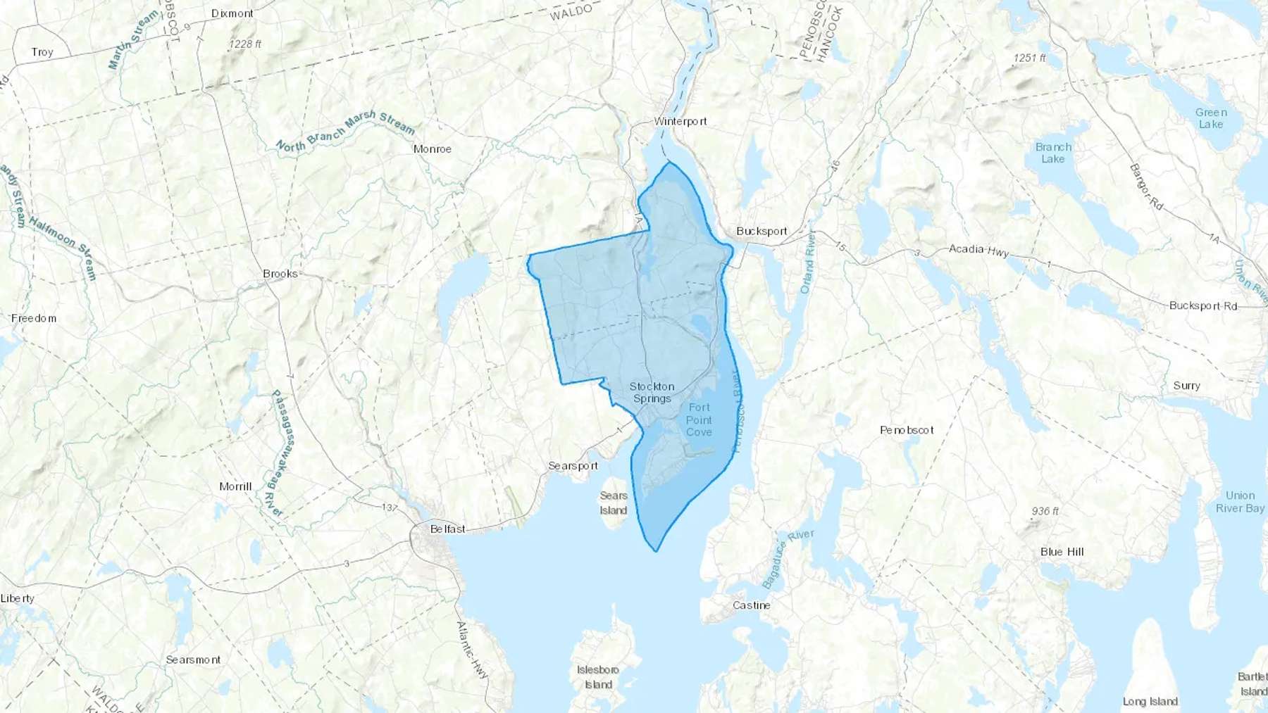 Stockton Springs, ME Cash heating Oil delivery map Map of the COD Fuel Oil delivery service area for Stockton Springs, ME