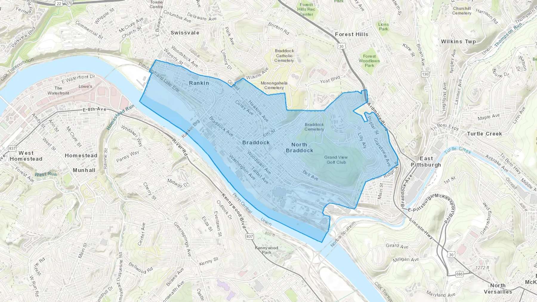 Braddock, PA Cash heating Oil delivery map Map of the COD Fuel Oil delivery service area for Braddock, PA