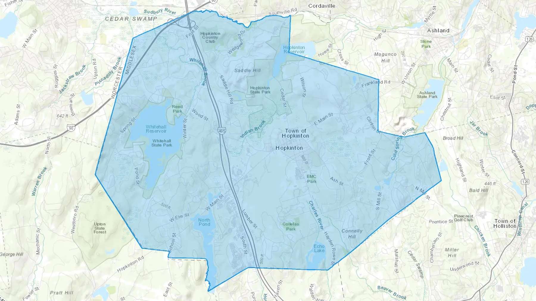 Hopkinton, MA Cash heating Oil delivery map Map of the COD Fuel Oil delivery service area for Hopkinton, MA