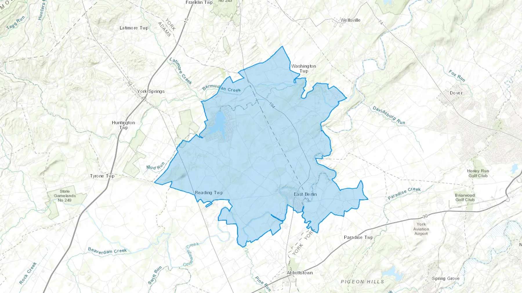 East Berlin, PA Cash heating Oil delivery map Map of the COD Fuel Oil delivery service area for East Berlin, PA