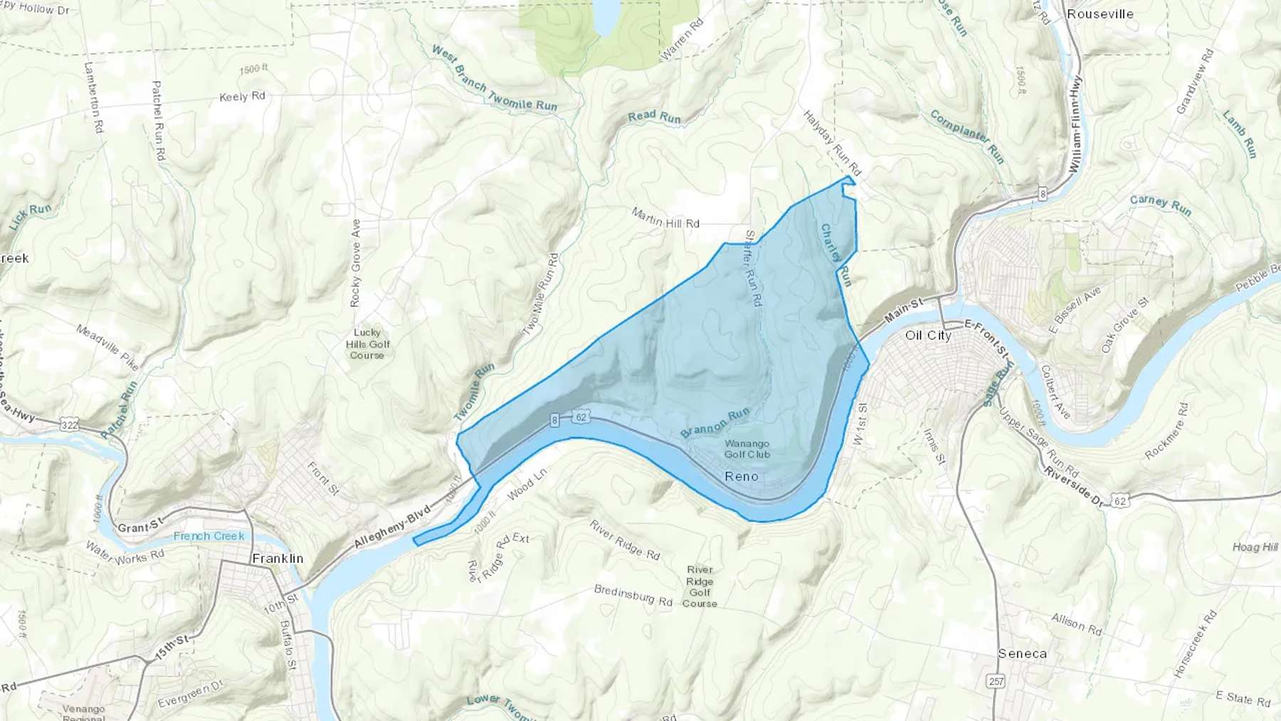 Reno, PA Cash heating Oil delivery map Map of the COD Fuel Oil delivery service area for Reno, PA