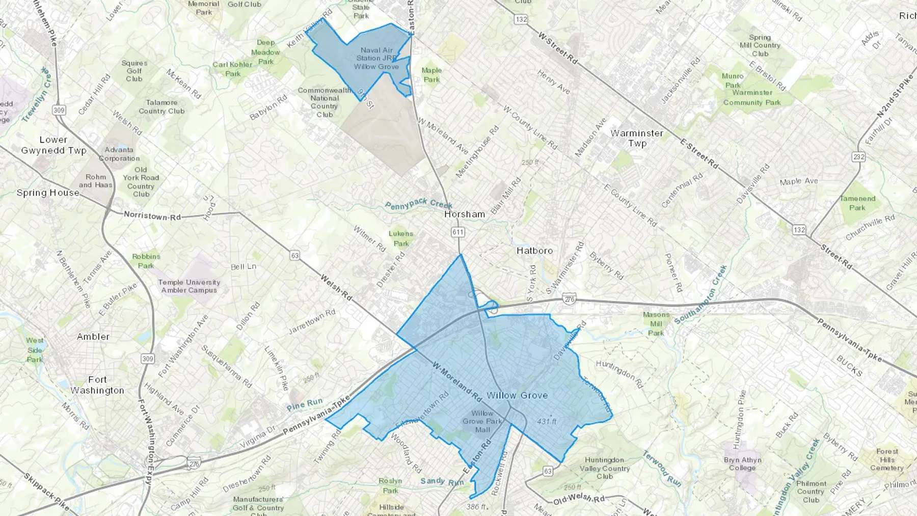 Willow Grove, PA Cash heating Oil delivery map Map of the COD Fuel Oil delivery service area for Willow Grove, PA