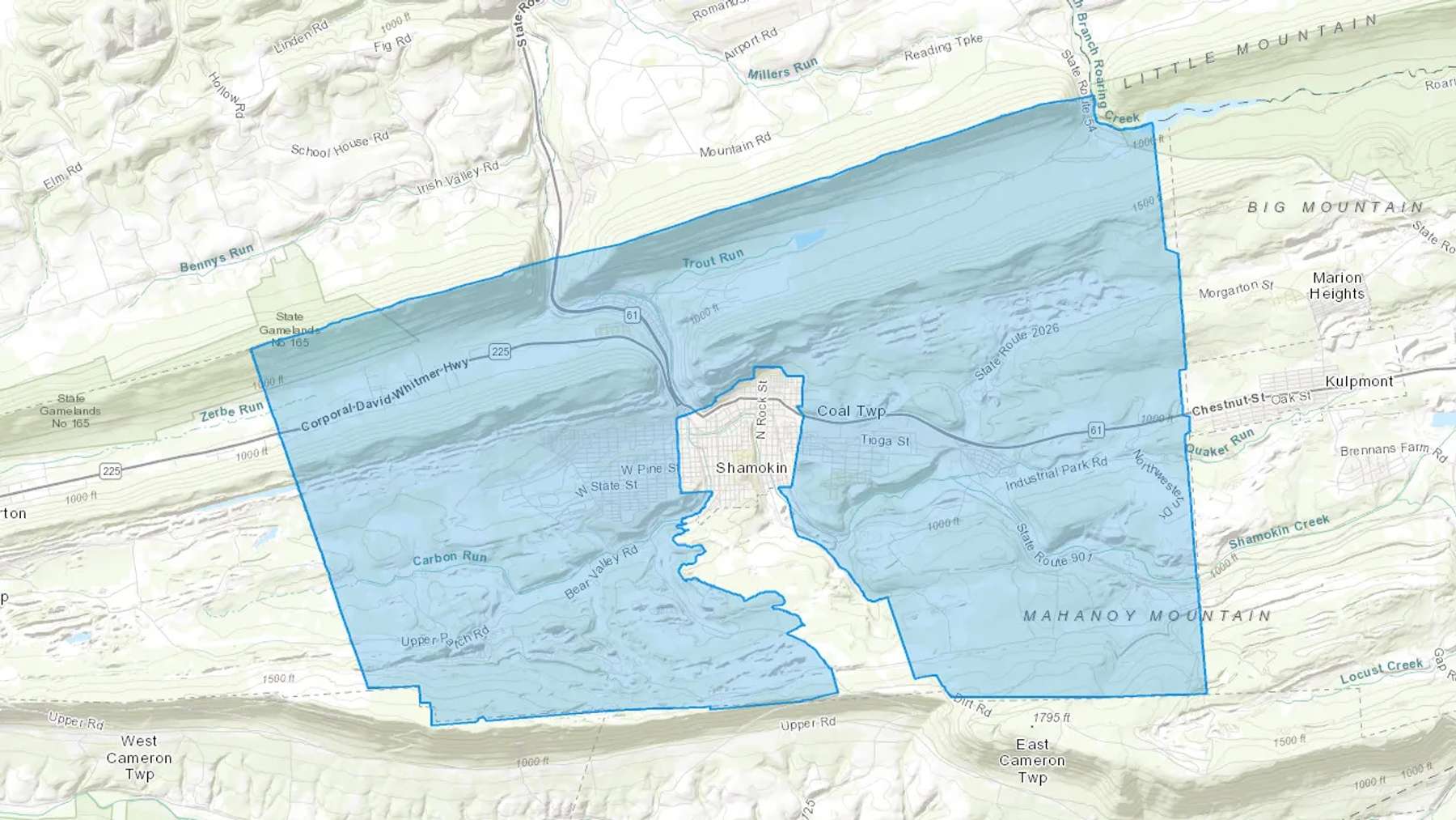 Shamokin, PA Cash heating Oil delivery map Map of the COD Fuel Oil delivery service area for Shamokin, PA