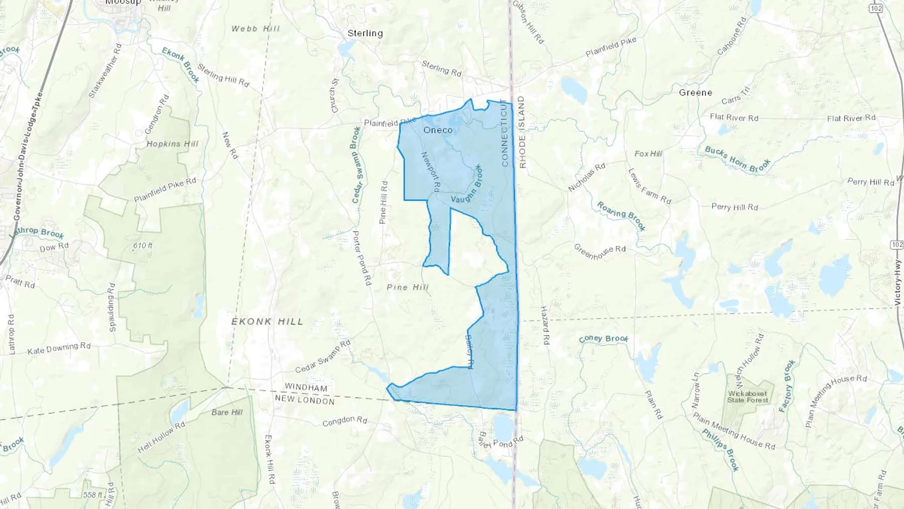 Oneco, CT Cash heating Oil delivery map Map of the COD Fuel Oil delivery service area for Oneco, CT