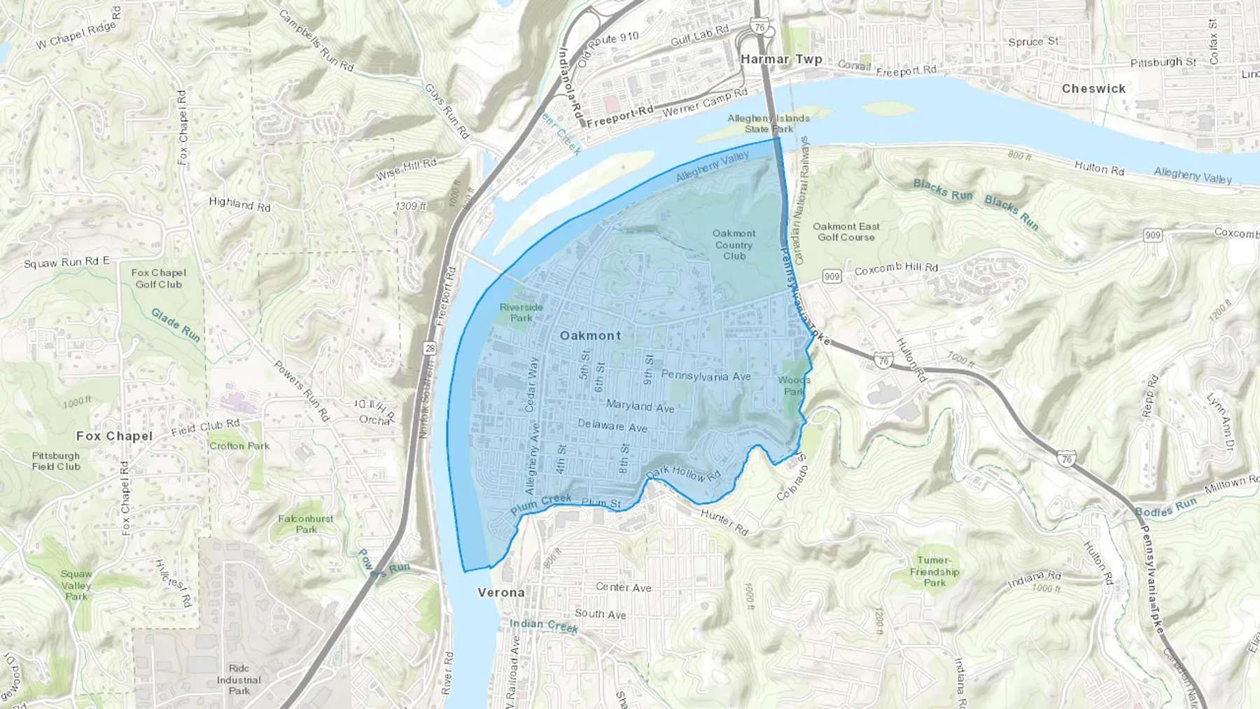 Oakmont, PA Cash heating Oil delivery map Map of the COD Fuel Oil delivery service area for Oakmont, PA