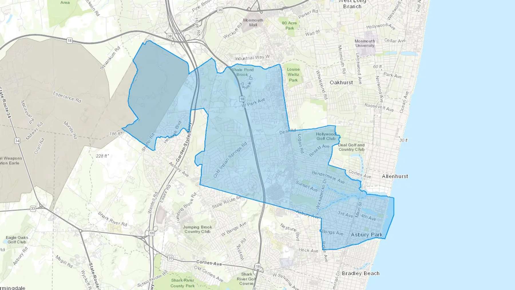 Asbury Park, NJ Cash heating Oil delivery map Map of the COD Fuel Oil delivery service area for Asbury Park, NJ