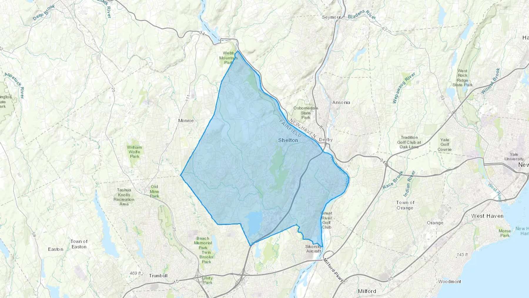 Shelton, CT Cash heating Oil delivery map Map of the COD Fuel Oil delivery service area for Shelton, CT