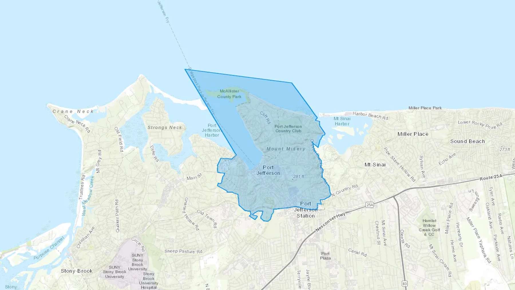 Port Jefferson, NY Cash heating Oil delivery map Map of the COD Fuel Oil delivery service area for Port Jefferson, NY