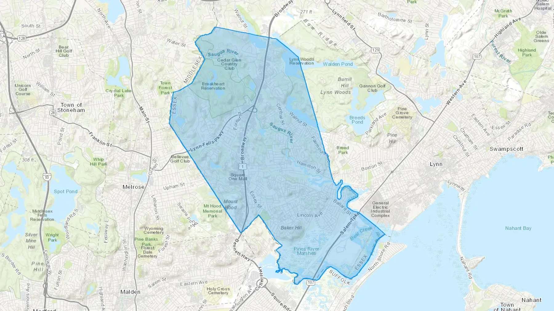 Saugus, MA Cash heating Oil delivery map Map of the COD Fuel Oil delivery service area for Saugus, MA
