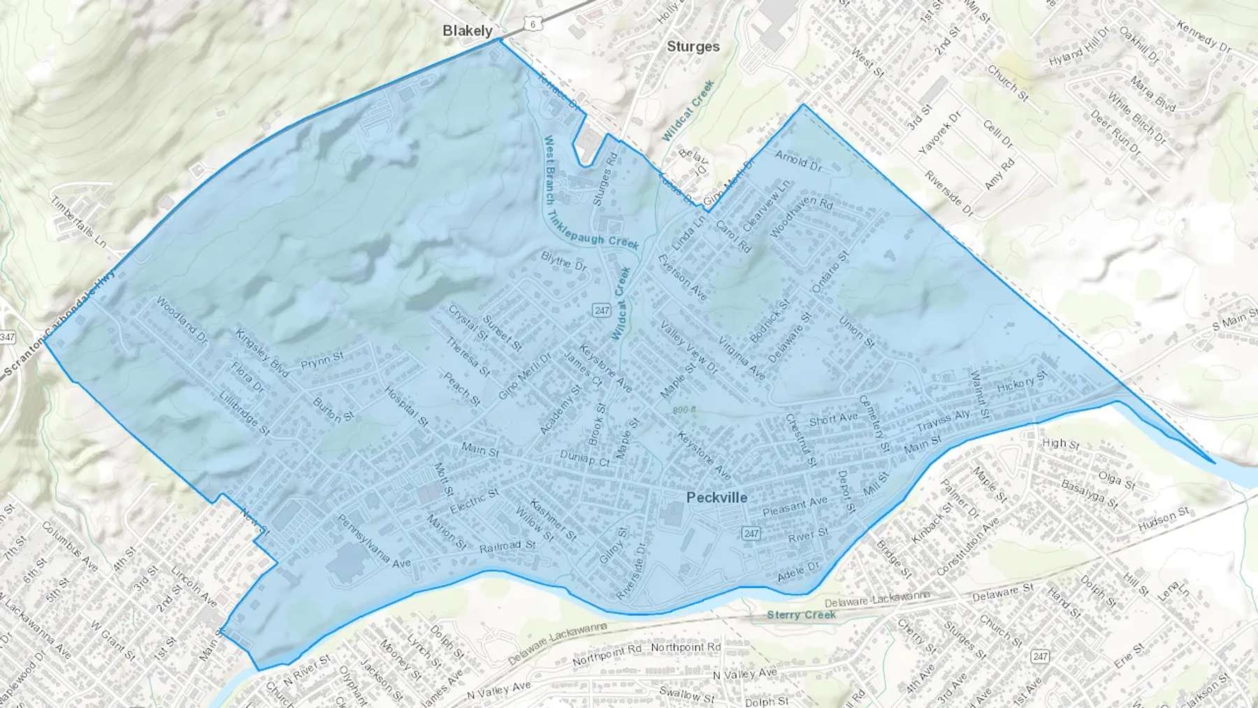Peckville, PA Cash heating Oil delivery map Map of the COD Fuel Oil delivery service area for Peckville, PA