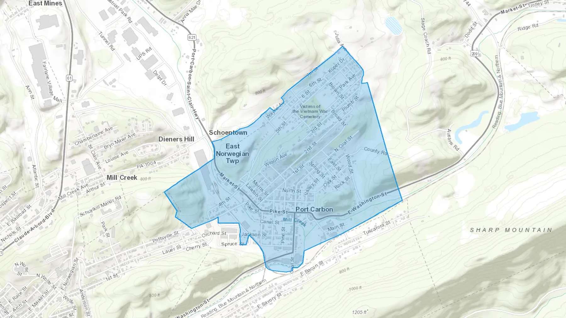 Port Carbon, PA Cash heating Oil delivery map Map of the COD Fuel Oil delivery service area for Port Carbon, PA