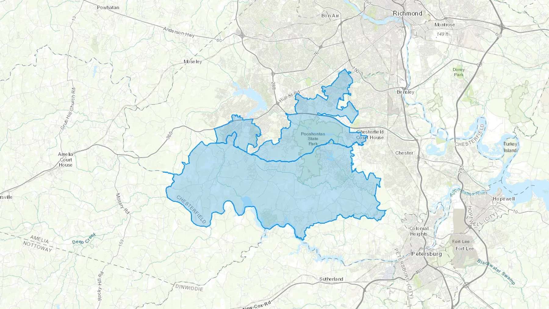 Chesterfield, VA Cash heating Oil delivery map Map of the COD Fuel Oil delivery service area for Chesterfield, VA