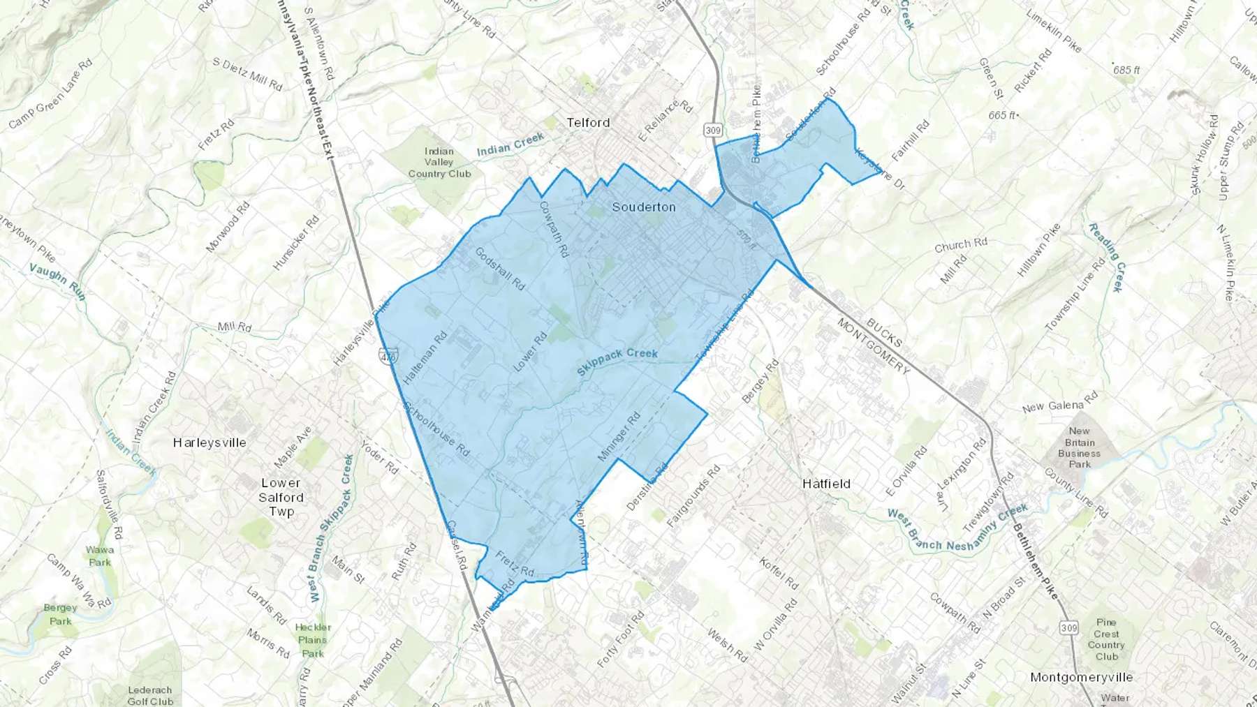 Souderton, PA Cash heating Oil delivery map Map of the COD Fuel Oil delivery service area for Souderton, PA
