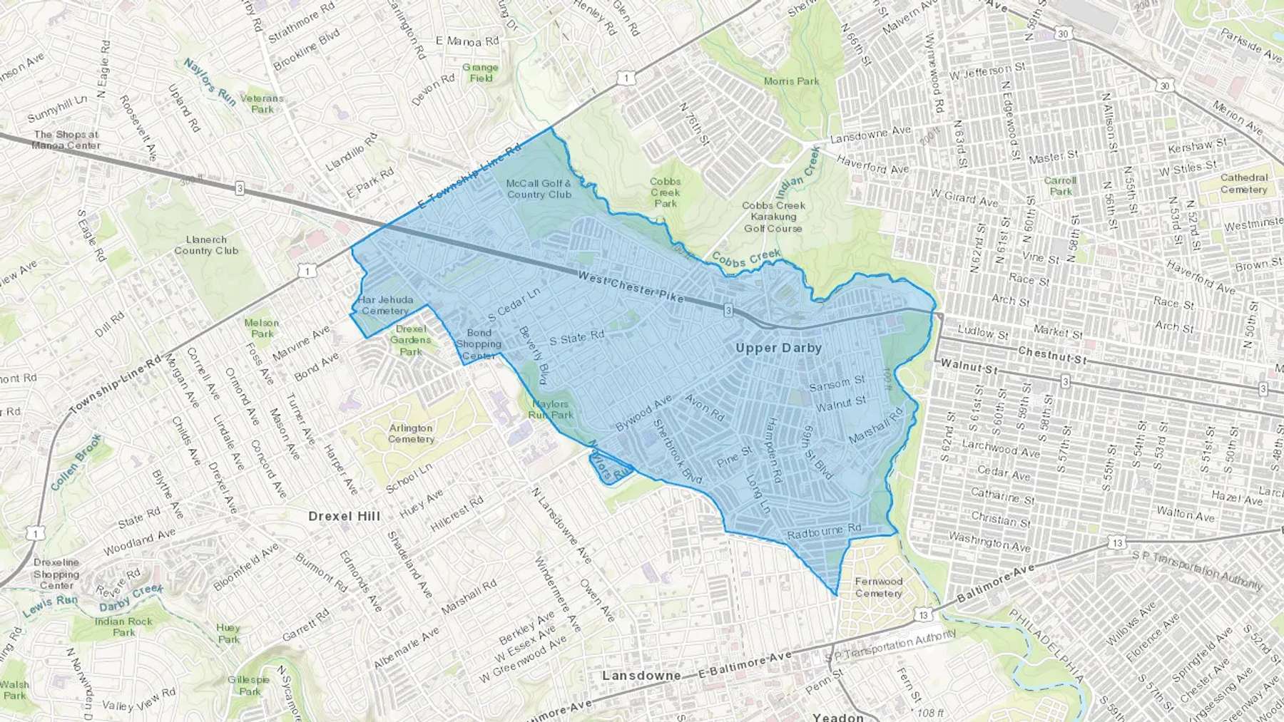 Upper Darby, PA Cash heating Oil delivery map Map of the COD Fuel Oil delivery service area for Upper Darby, PA