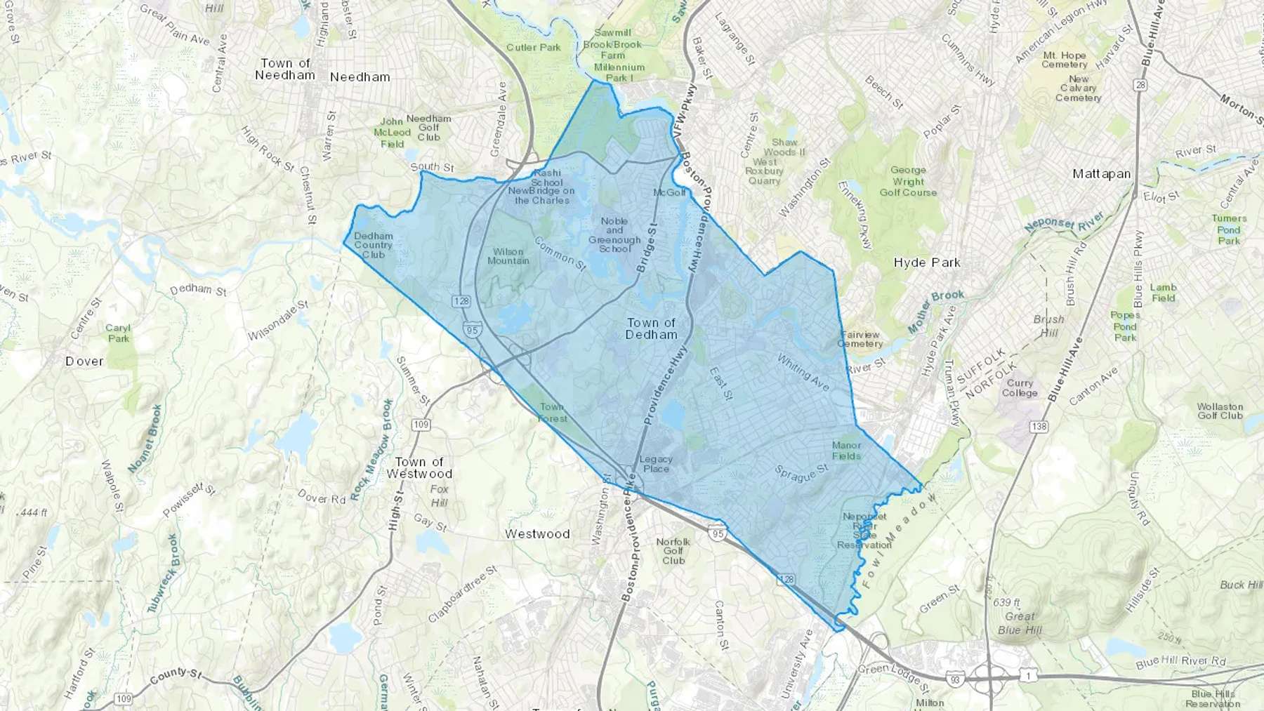 Dedham, MA Cash heating Oil delivery map Map of the COD Fuel Oil delivery service area for Dedham, MA