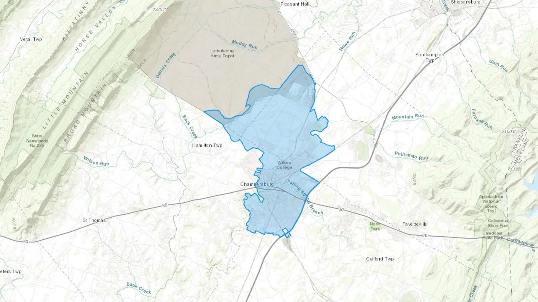 Chambersburg, PA Cash heating Oil delivery map Map of the COD Fuel Oil delivery service area for Chambersburg, PA