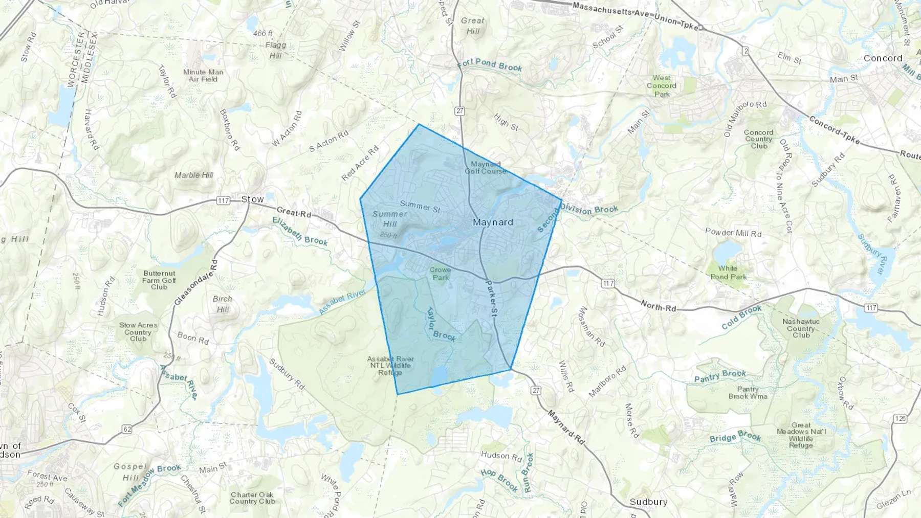 Maynard, MA Cash heating Oil delivery map Map of the COD Fuel Oil delivery service area for Maynard, MA