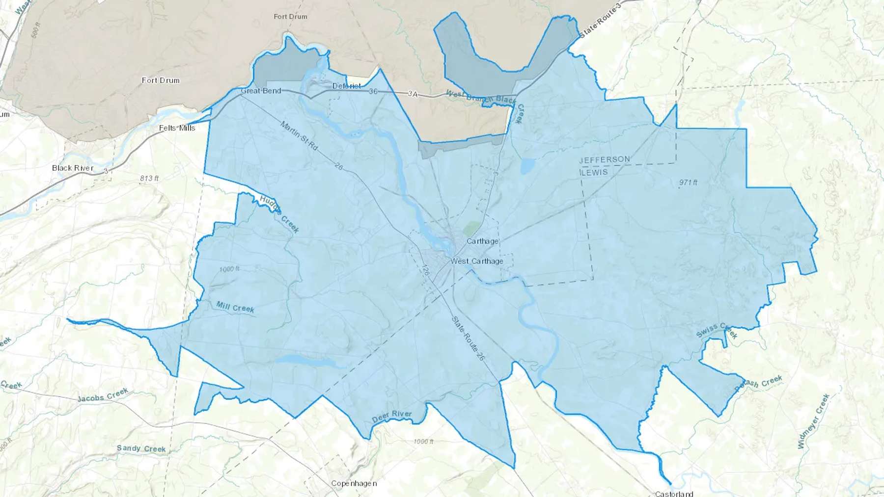 Carthage, NY Cash heating Oil delivery map Map of the COD Fuel Oil delivery service area for Carthage, NY
