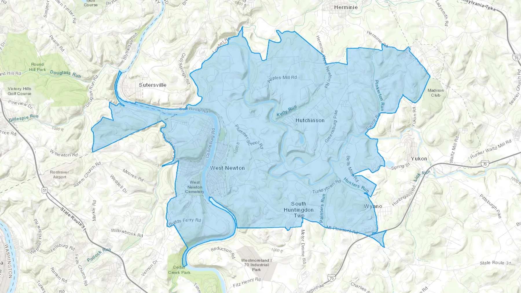 West Newton, PA Cash heating Oil delivery map Map of the COD Fuel Oil delivery service area for West Newton, PA