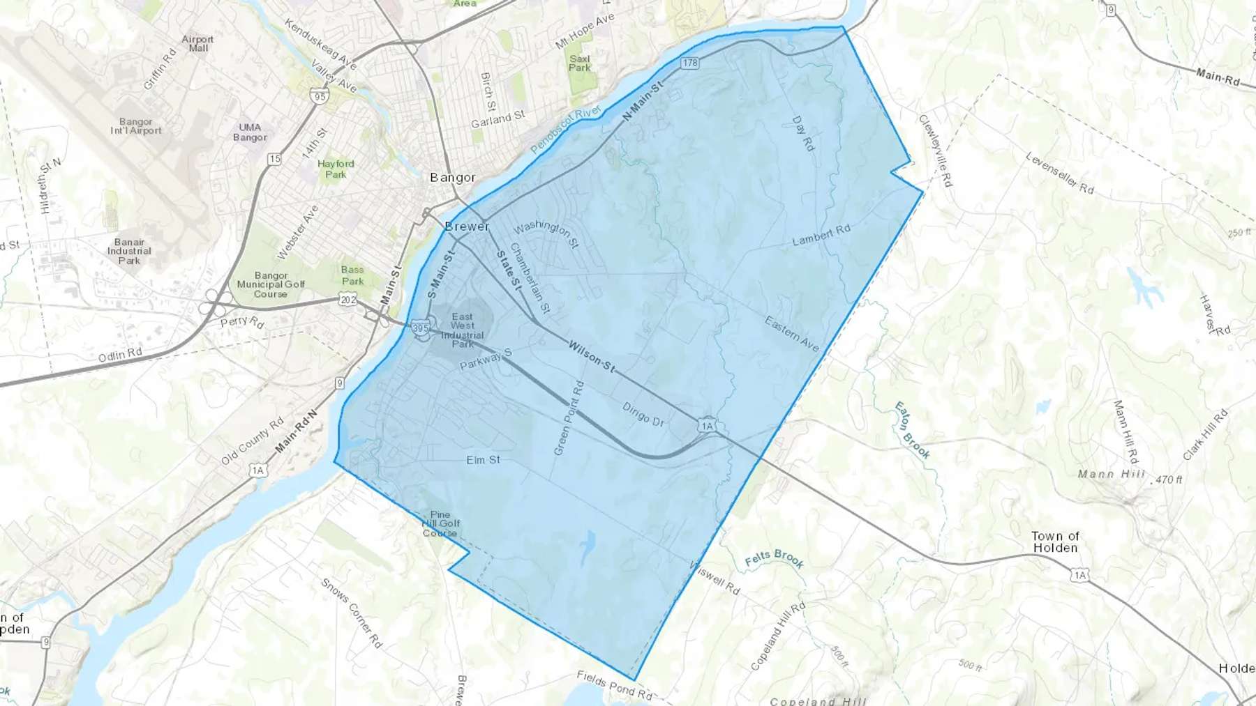 Brewer, ME Cash heating Oil delivery map Map of the COD Fuel Oil delivery service area for Brewer, ME