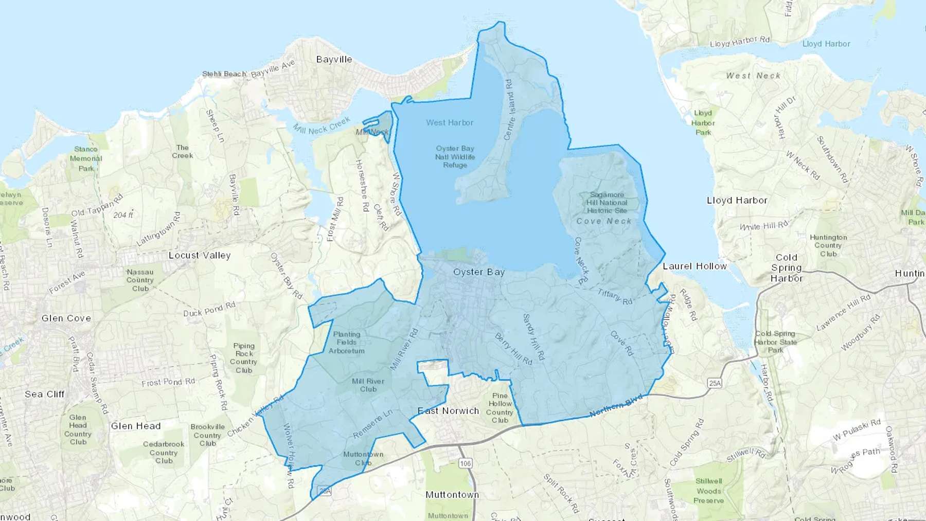 Oyster Bay, NY Cash heating Oil delivery map Map of the COD Fuel Oil delivery service area for Oyster Bay, NY